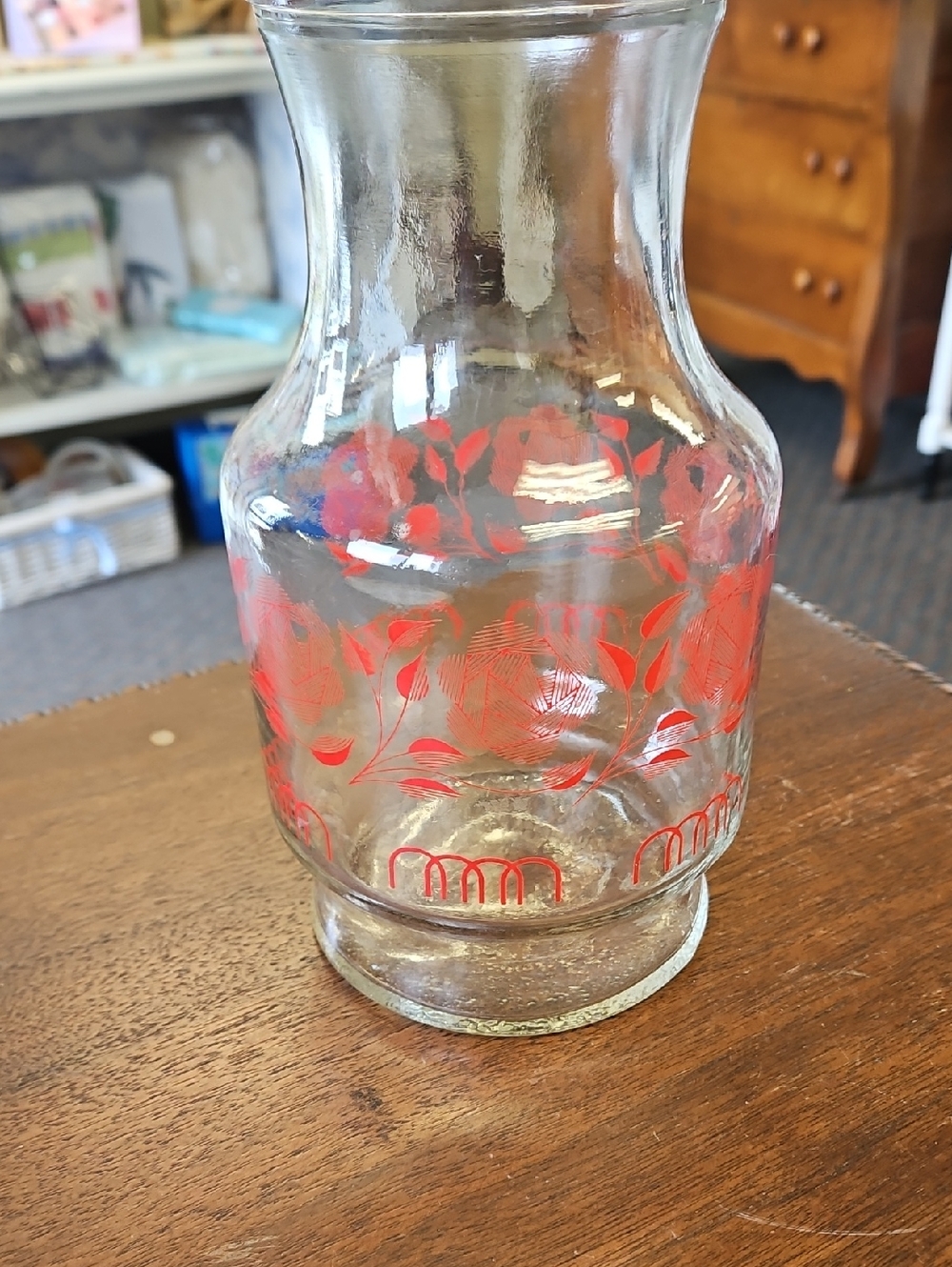 Vintage Clear Glass Vase with Red Stylized Floral Motif